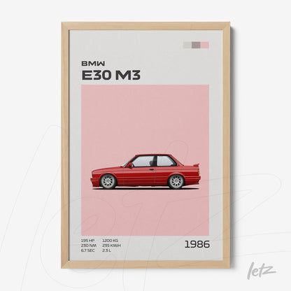 quadro com ilustração do carro BMW E30 M3 em moldura de madeira clara