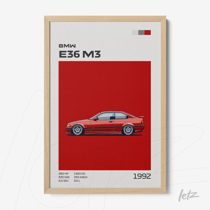 quadro com ilustração de um carro BMW E36 M3 em fundo vermelho, moldura de madeira clara e texto informativo ao lado
