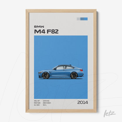 quadro com design gráfico do carro BMW M4 F82 em moldura clara com fundo azul