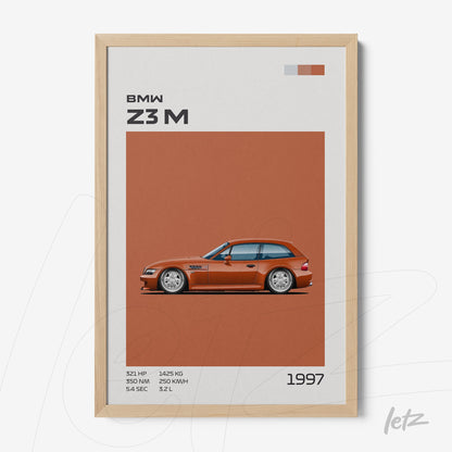 quadro com arte minimalista do carro BMW Z3 M em moldura de madeira clara