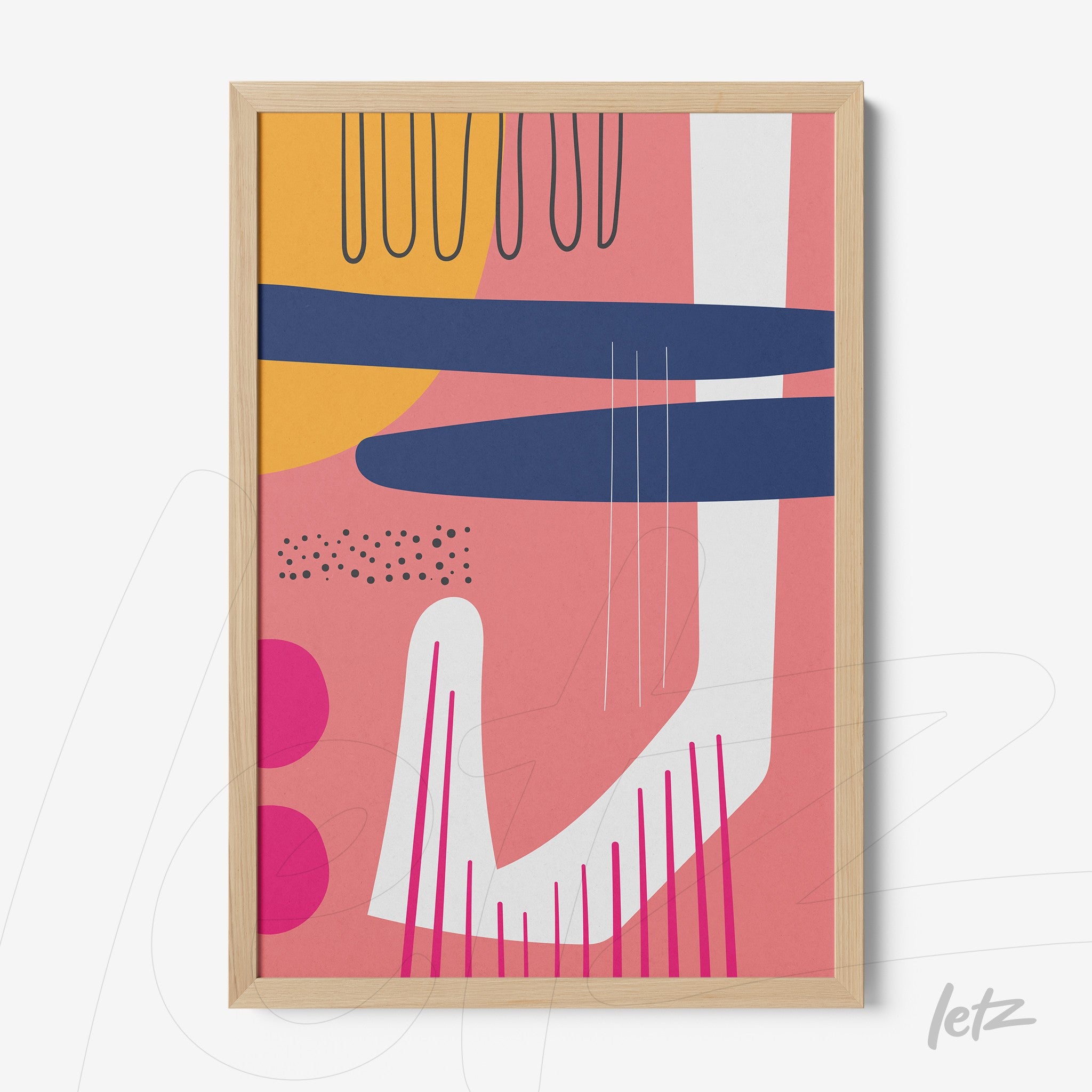 quadro com arte abstrata boho em moldura de madeira clara exibindo formas geométricas e cores modernas