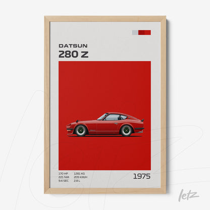 quadro com arte digital do carro Datsun 280 Z em fundo vermelho com moldura de madeira clara