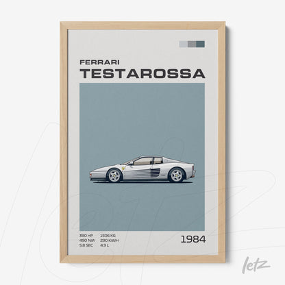 quadro com ilustração de um carro Ferrari Testarossa em fundo azul claro com moldura de madeira clara
