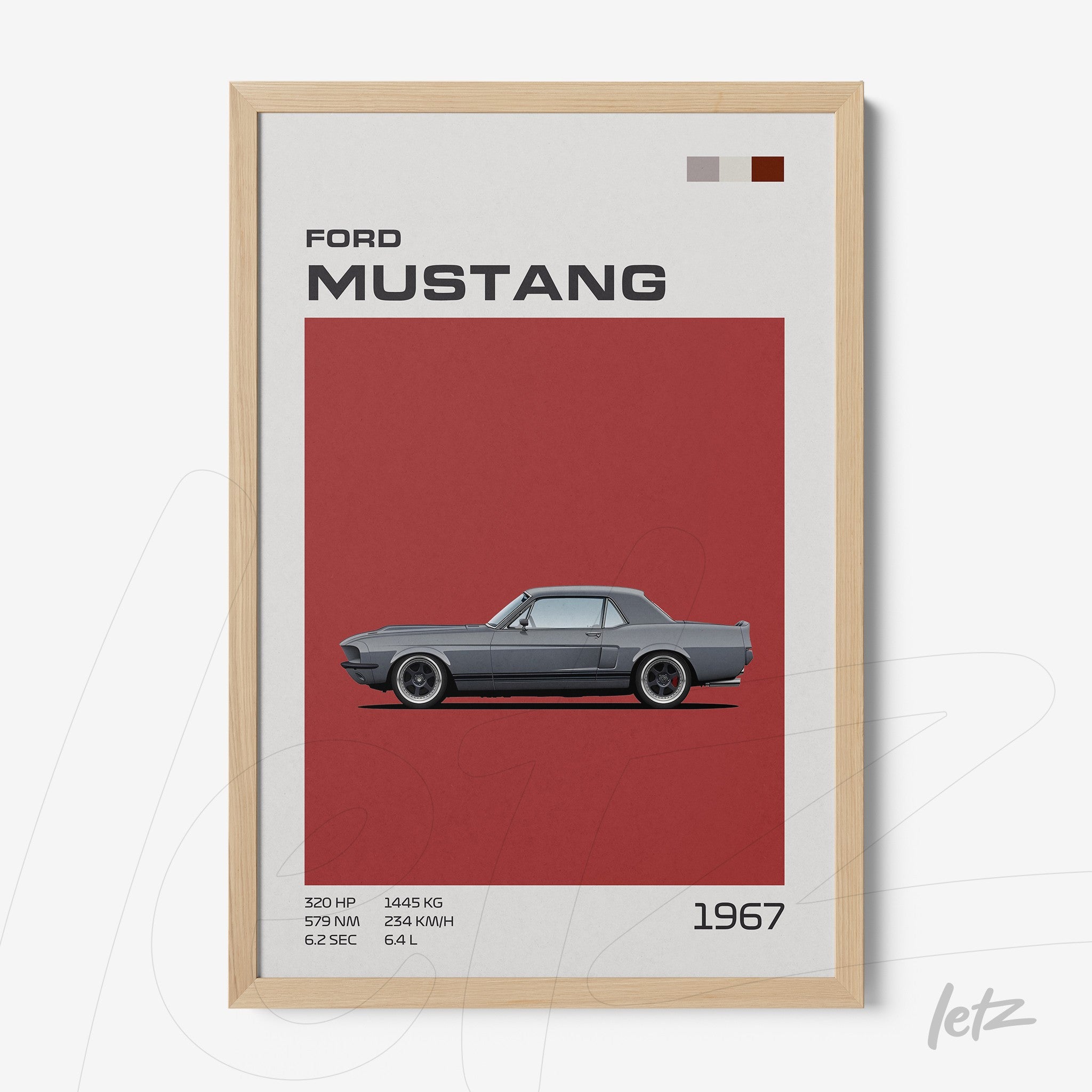 quadro emoldurado com ilustração do carro Ford Mustang de 1967 em fundo vermelho