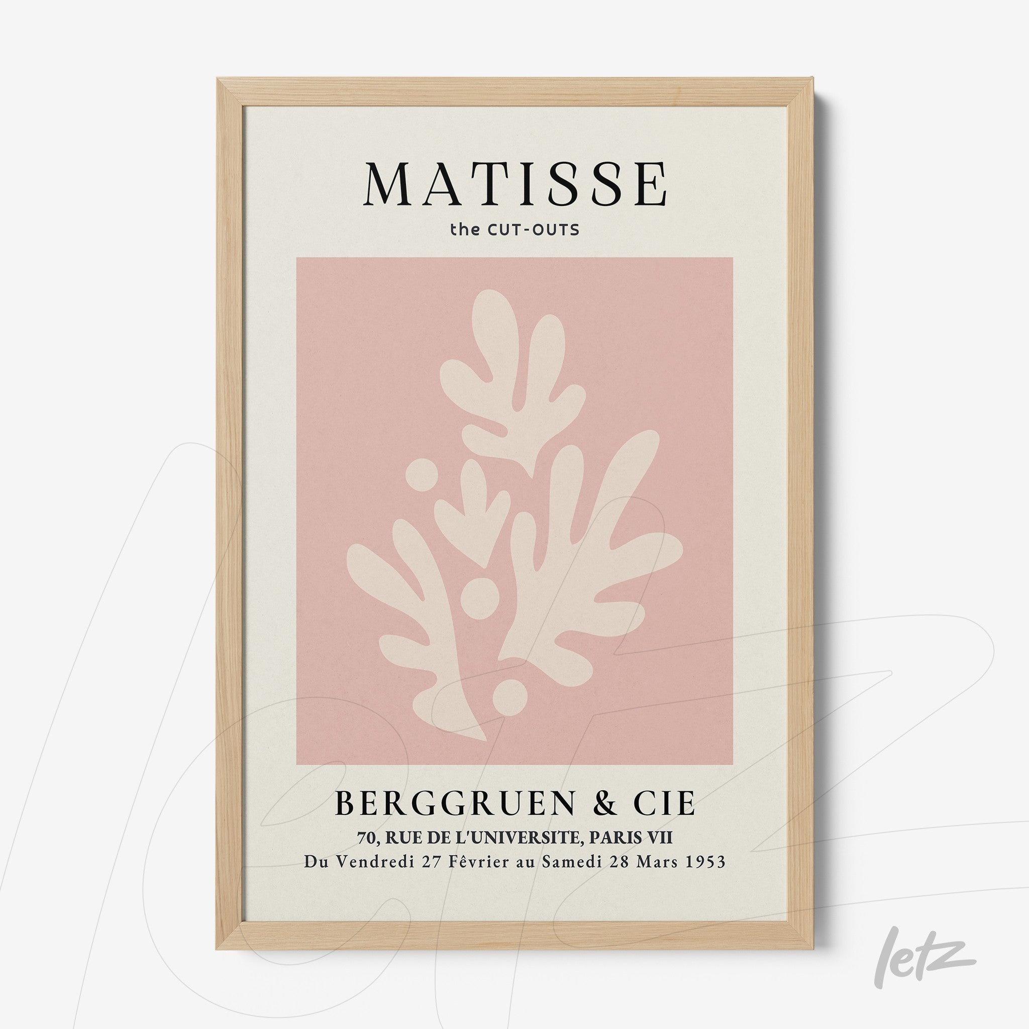 quadro com arte moderna inspirada em Matisse, fundo rosa com formas brancas em moldura de madeira clara