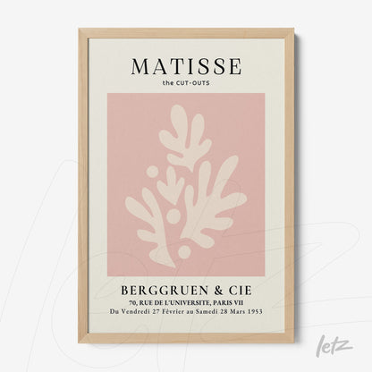 quadro com arte moderna inspirada em Matisse, fundo rosa com formas brancas em moldura de madeira clara