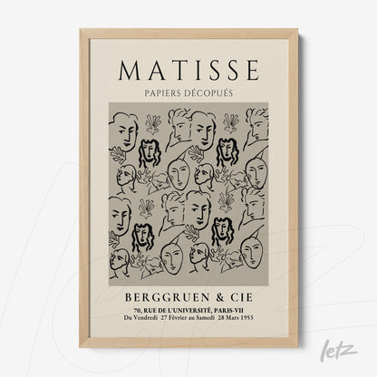 quadro emoldurado com arte de Matisse apresentando rostos e plantas em tons neutros