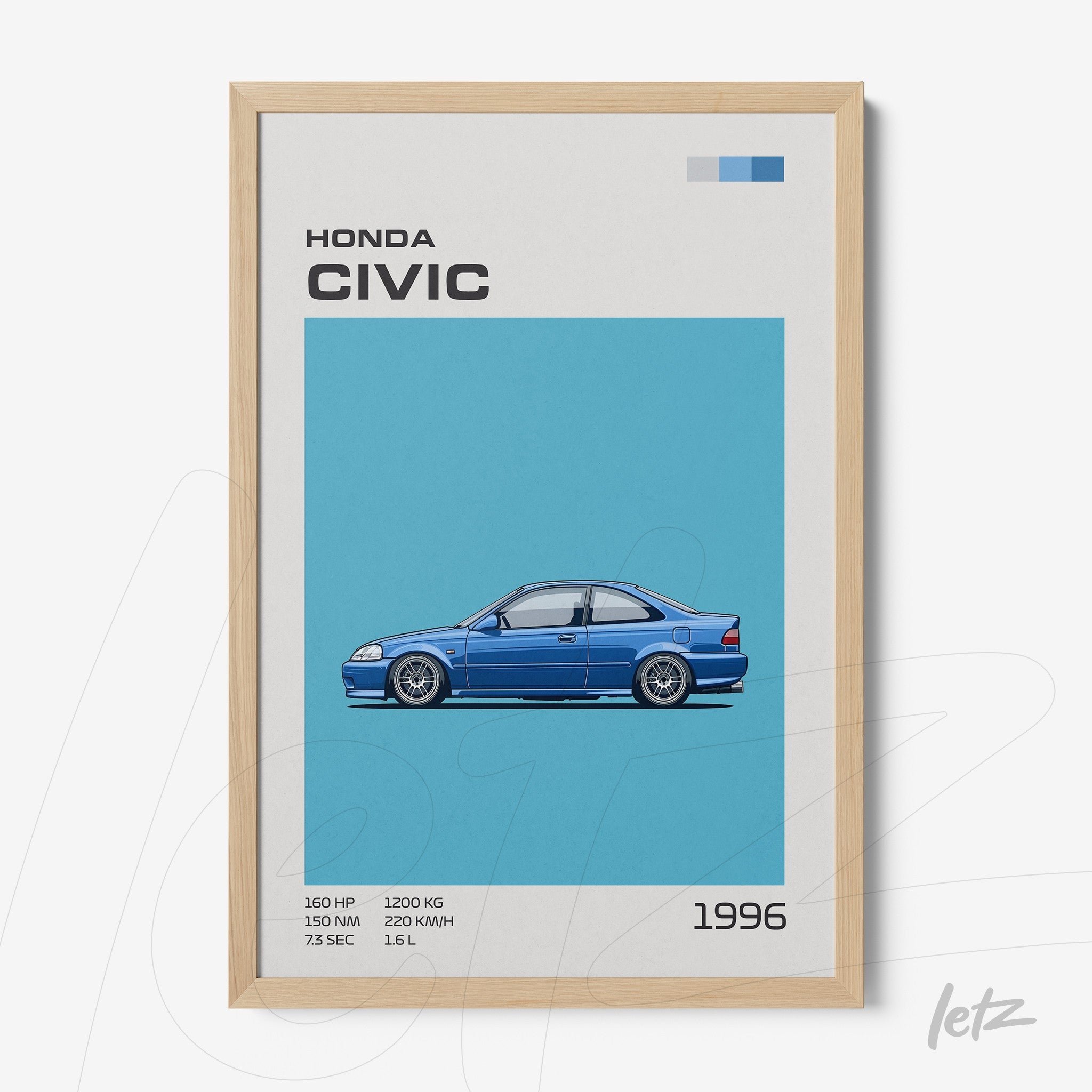 quadro com ilustração de um Honda Civic azul de 1996 em moldura de madeira clara com fundo azul vibrante
