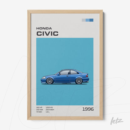 quadro com ilustração de um Honda Civic azul de 1996 em moldura de madeira clara com fundo azul vibrante