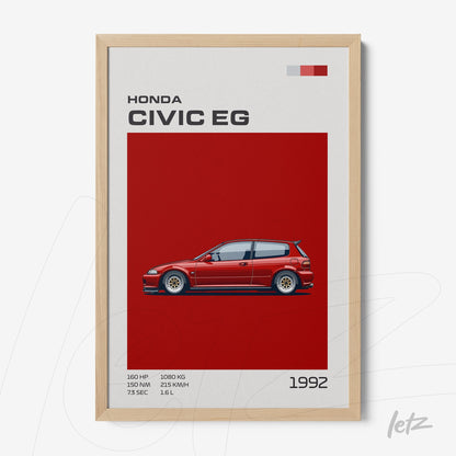 quadro com ilustração do carro Honda Civic EG em moldura de madeira clara, com fundo vermelho