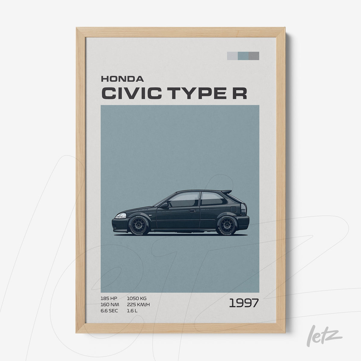 quadro com arte gráfica do Honda Civic Type R 1997 em moldura de madeira clara