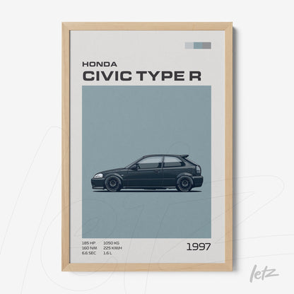 quadro com arte gráfica do Honda Civic Type R 1997 em moldura de madeira clara