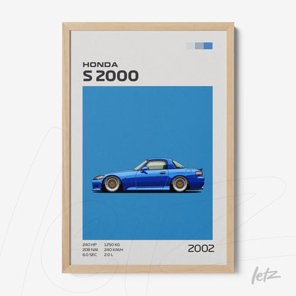 quadro com arte digital do carro Honda S2000 em fundo azul vibrante com moldura clara