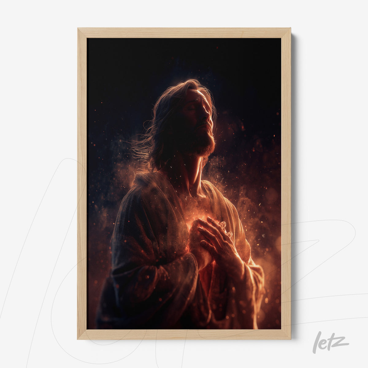 quadro com arte digital de figura divina iluminada com fundo nebuloso em moldura de madeira clara