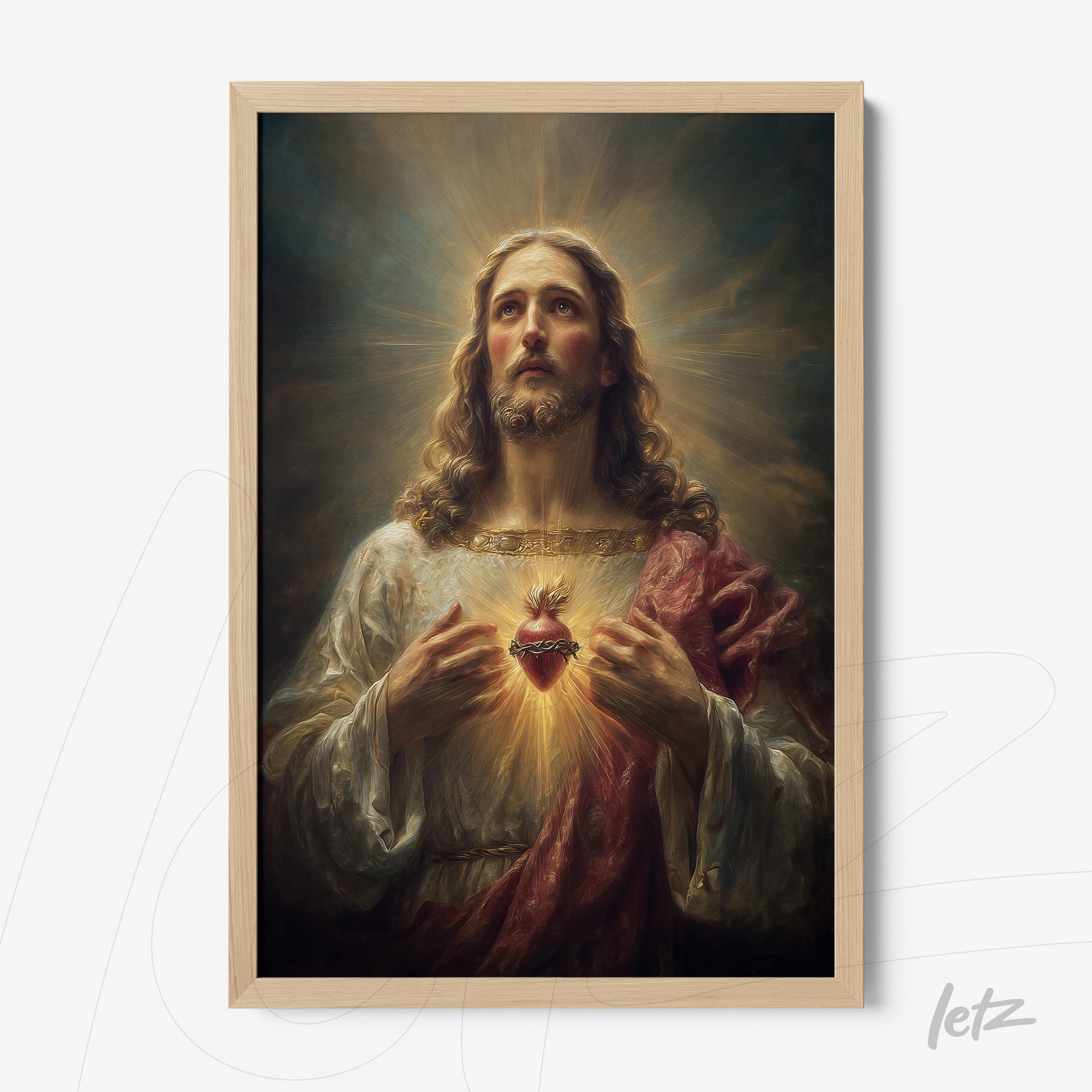 quadro com arte religiosa representando Jesus Cristo com luz radiante e coração exposto, em moldura de madeira clara
