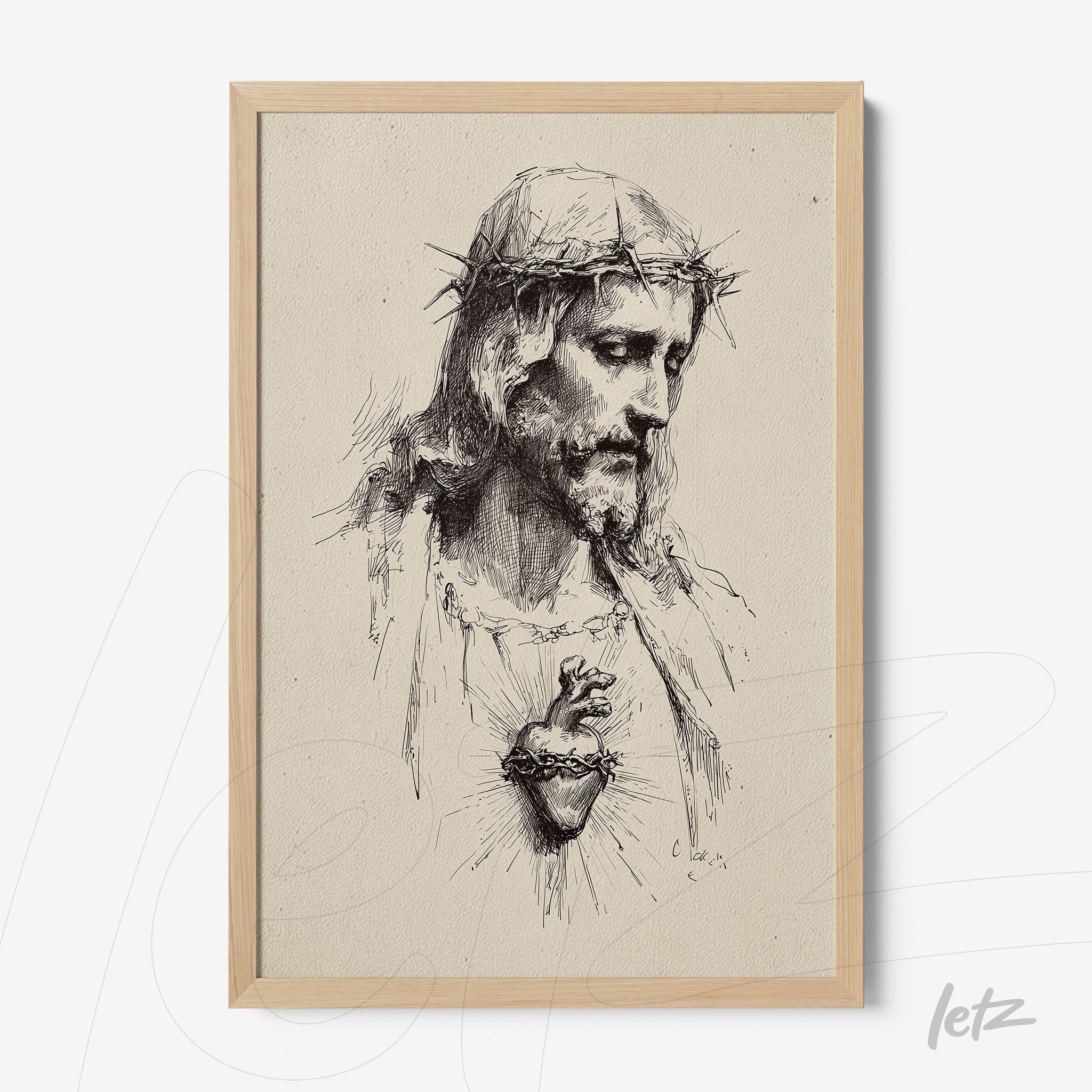 quadro com ilustração em estilo retrô de Jesus Cristo com coroa de espinhos e coração exposto em moldura de madeira clara