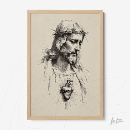 quadro com ilustração em estilo retrô de Jesus Cristo com coroa de espinhos e coração exposto em moldura de madeira clara