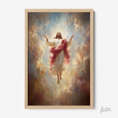 quadro com representação de Jesus em ascensão, cercado por nuvens e luz, em moldura de madeira clara