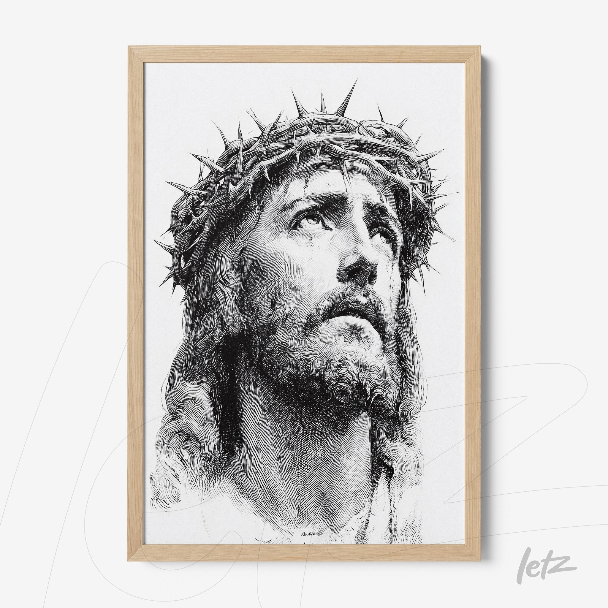 quadro com retrato em estilo clássico de Jesus Cristo, com coroa de espinhos e moldura de madeira clara