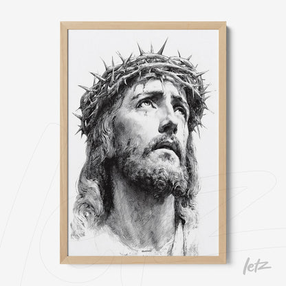 quadro com retrato em estilo clássico de Jesus Cristo, com coroa de espinhos e moldura de madeira clara