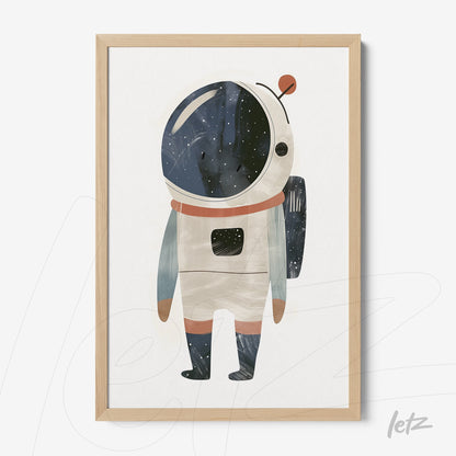 quadro com ilustração de astronauta em estilo infantil, moldura de madeira clara