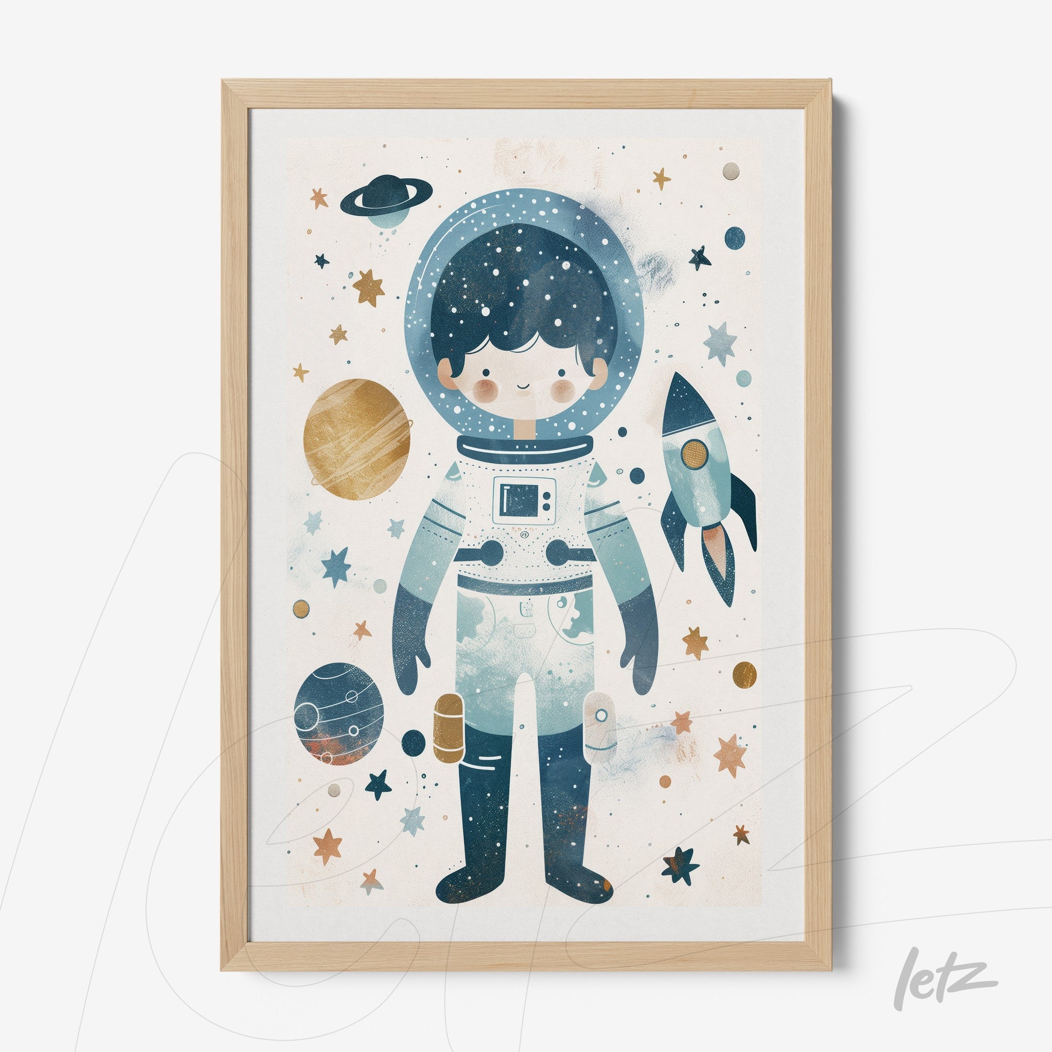 quadro com ilustração infantil de astronauta em fundo espacial com planetas e foguete, moldura de madeira clara