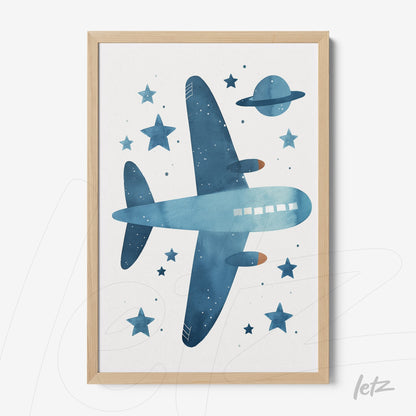 quadro com ilustração de um avião em tons de azul sobre fundo claro com estrelas e planeta