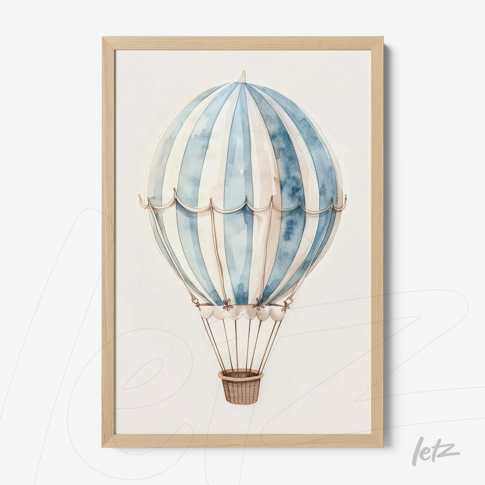quadro com ilustração de balão de ar quente em tons de azul com moldura clara