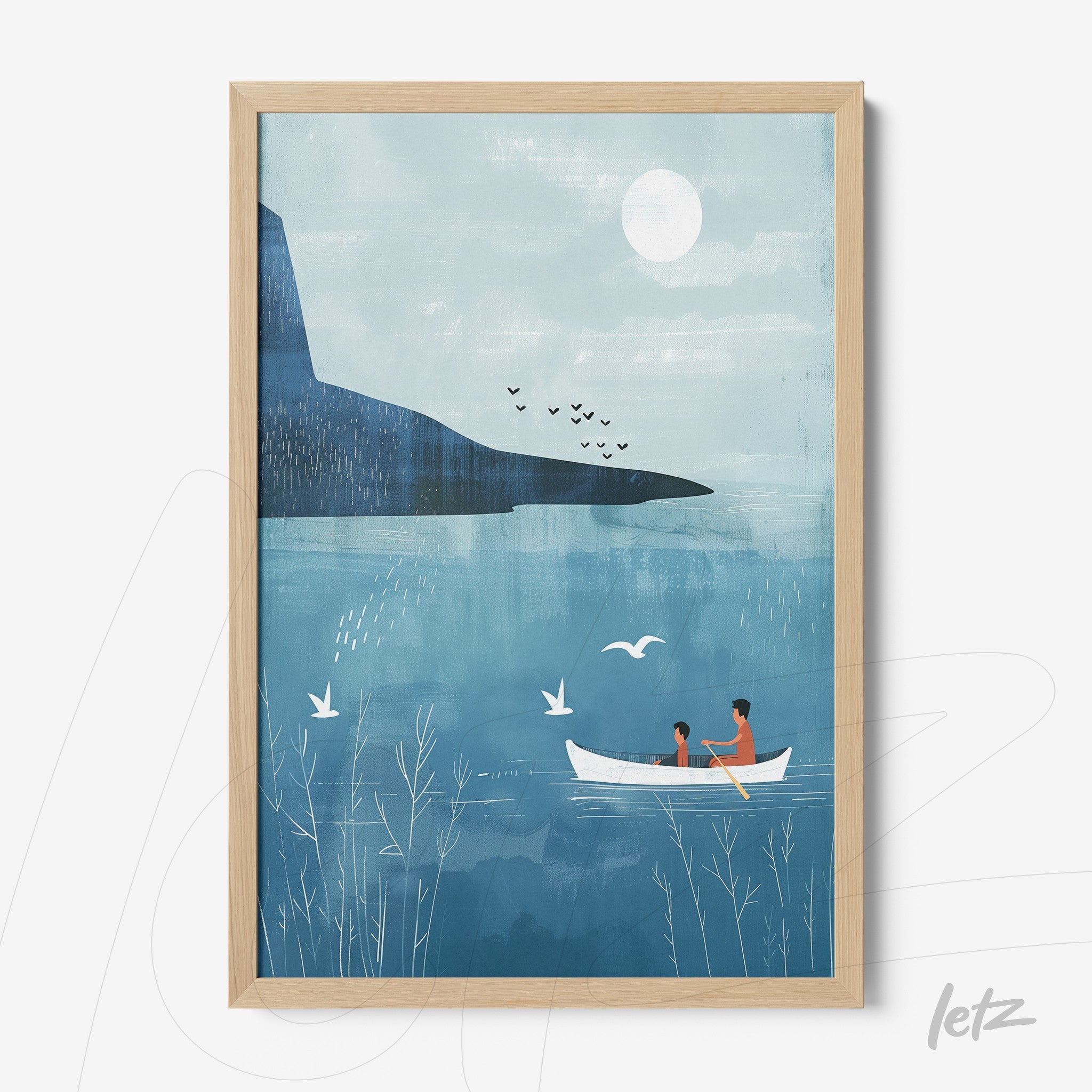 quadro com ilustração de duas pessoas em um barco no lago azul sob céu claro com montanha ao fundo
