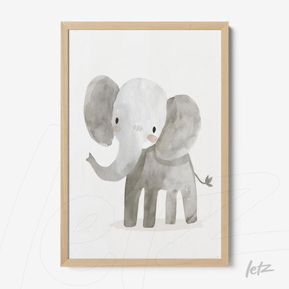 quadro com ilustração aquarelada de um elefante cinza em moldura de madeira clara