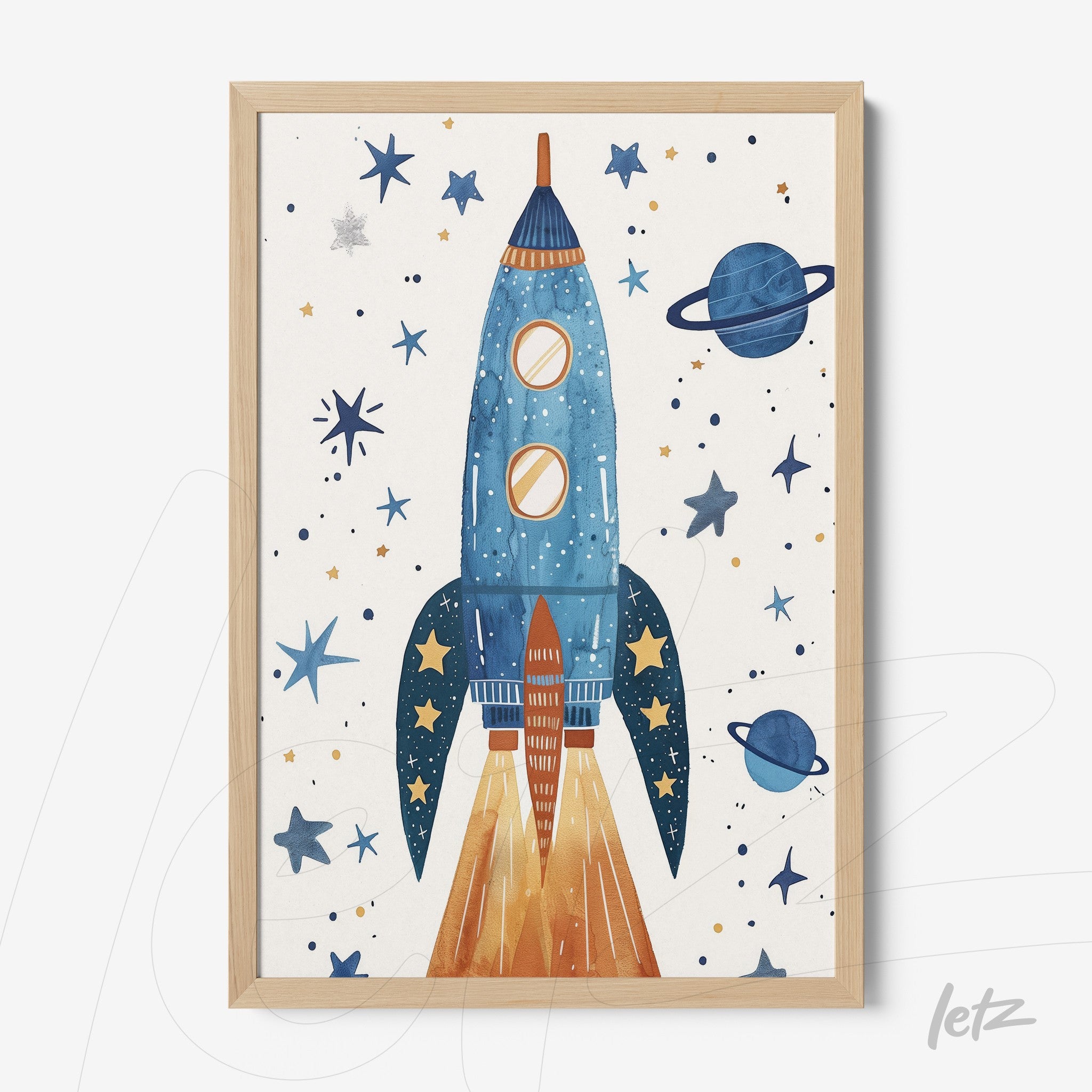 quadro com ilustração de foguete azul levantando voo em fundo estrelado com planetas