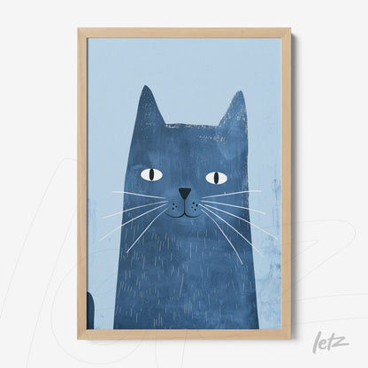 quadro com arte de gato azul com fundo claro e moldura em madeira clara