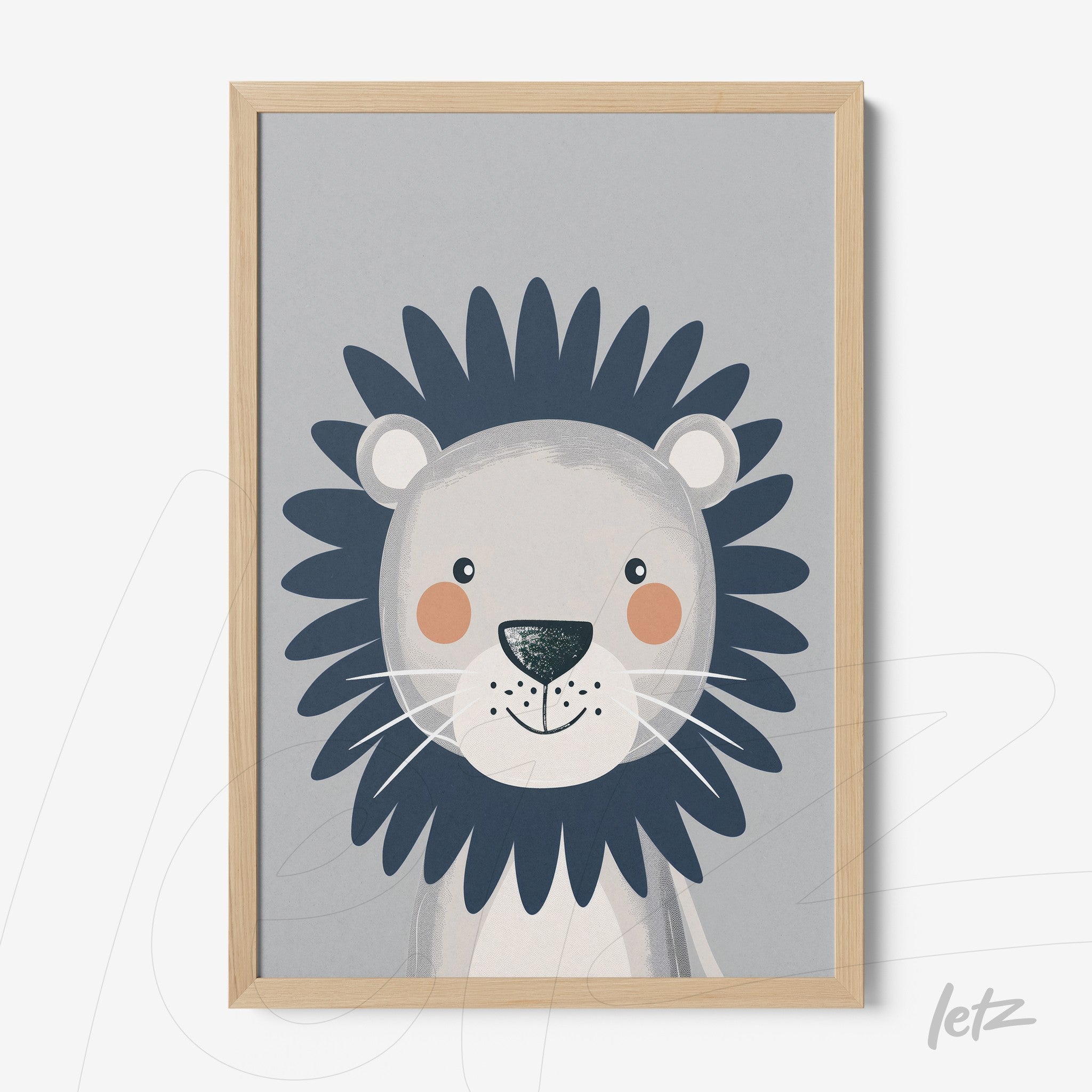 quadro com ilustração infantil de leão sorridente com moldura de madeira clara