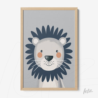 quadro com ilustração infantil de leão sorridente com moldura de madeira clara