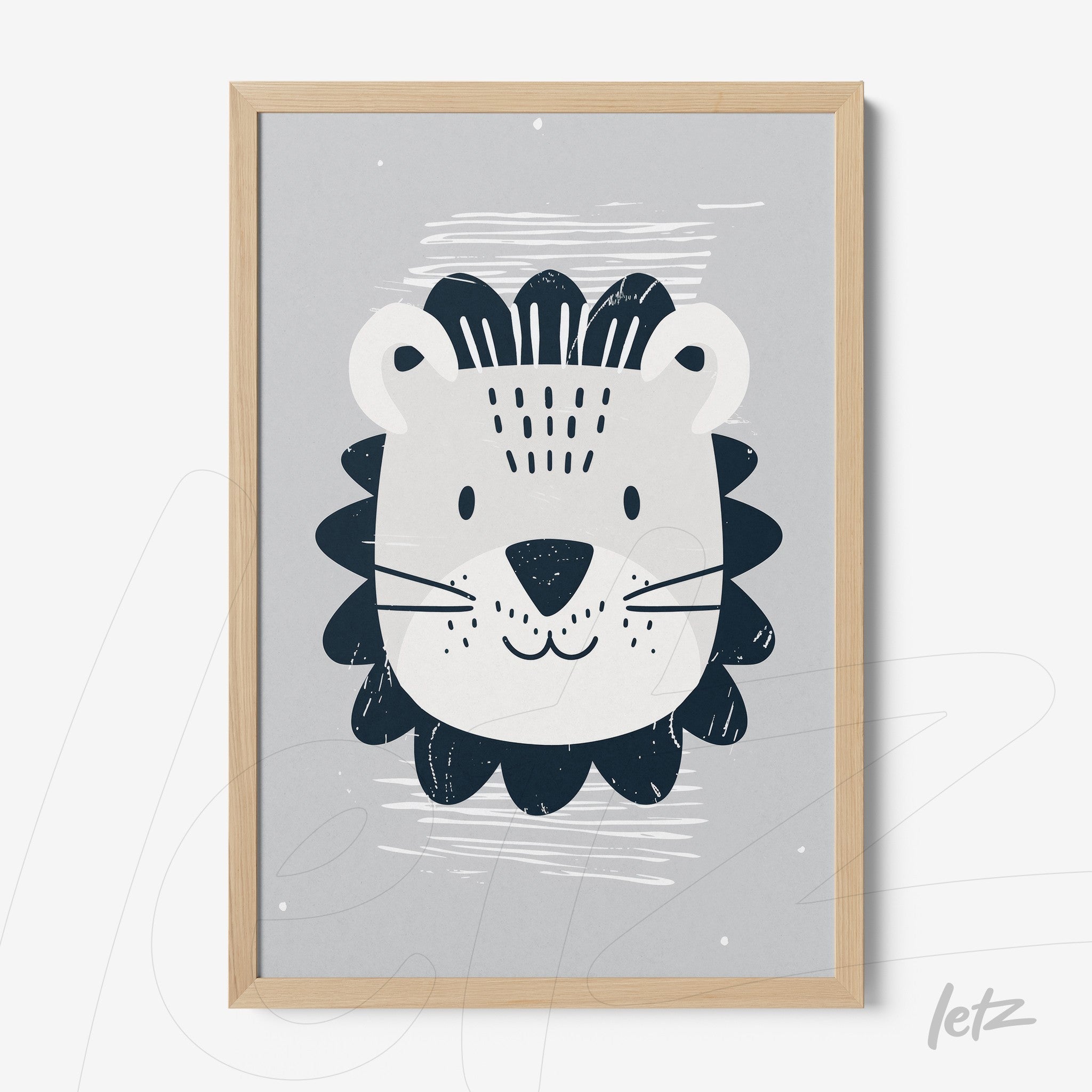 quadro com ilustração de leão estilizado em fundo cinza e moldura de madeira clara