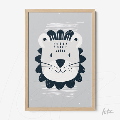 quadro com ilustração de leão estilizado em fundo cinza e moldura de madeira clara