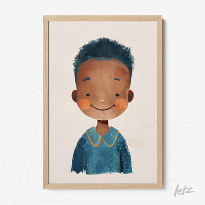 quadro com arte de ilustração infantil de um menino sorridente em moldura de madeira clara