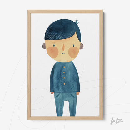 quadro com ilustração de personagem infantil em tons de azul com moldura de madeira clara