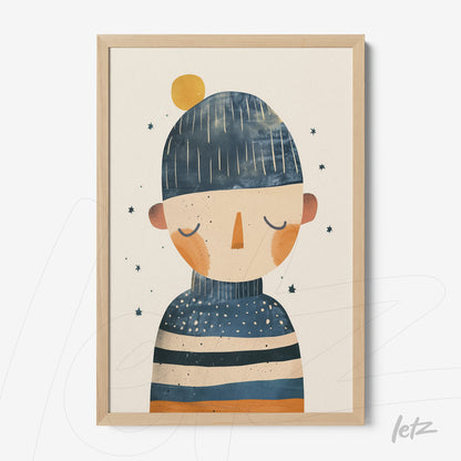 quadro com ilustração de figura humana em tons azul e laranja, com touca e suéter listrado, em moldura de madeira clara