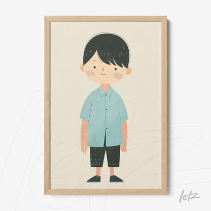 quadro com ilustração de menino com camisa azul e calças pretas em moldura de madeira clara