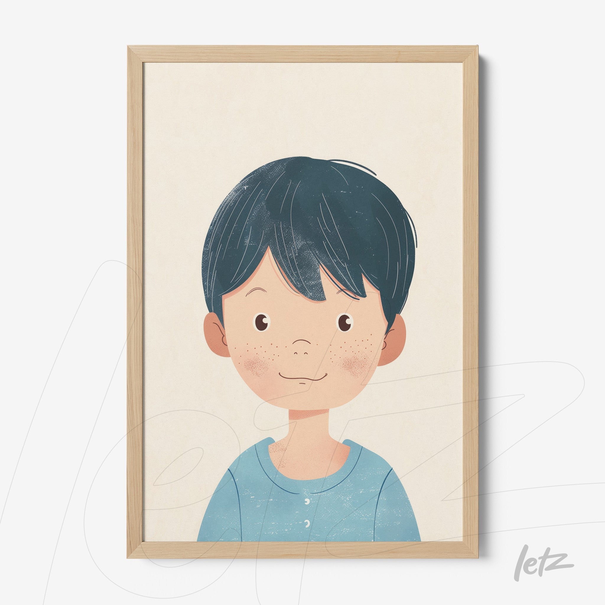 quadro com ilustração de menino sorridente com cabelo escuro, moldura de madeira clara