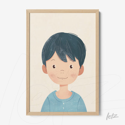 quadro com ilustração de menino sorridente com cabelo escuro, moldura de madeira clara