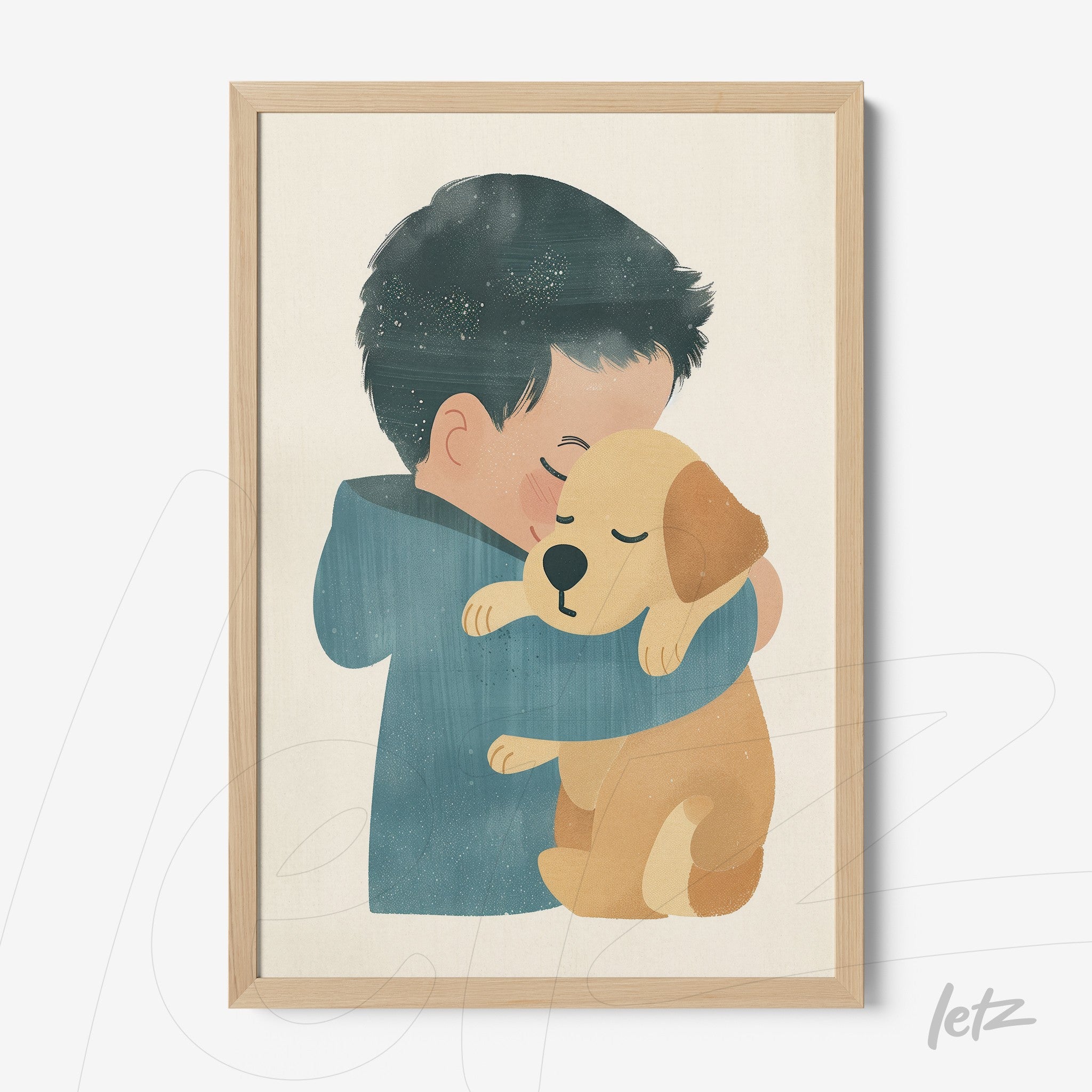 quadro com ilustração de menino abraçando um cachorro em moldura de madeira clara