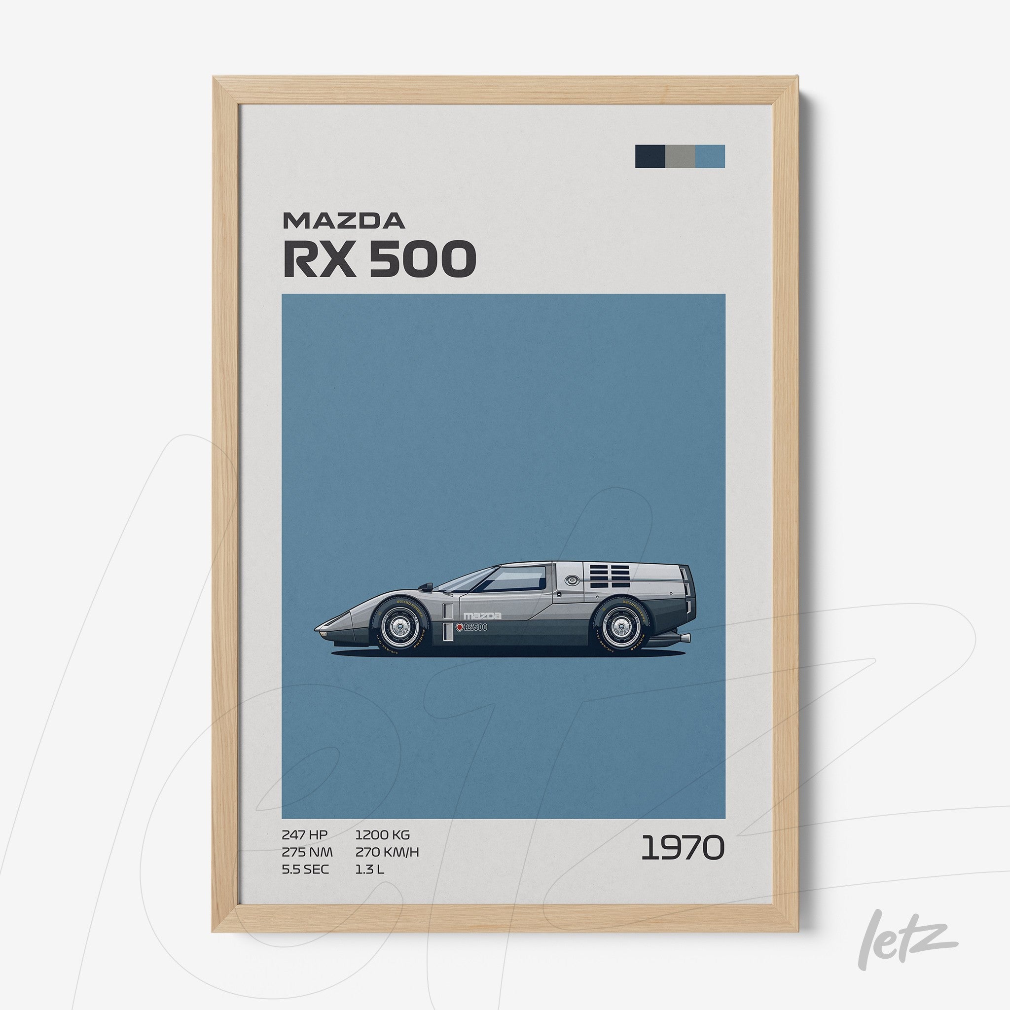 quadro com ilustração retro do carro Mazda RX 500 em moldura de madeira clara, fundo azul