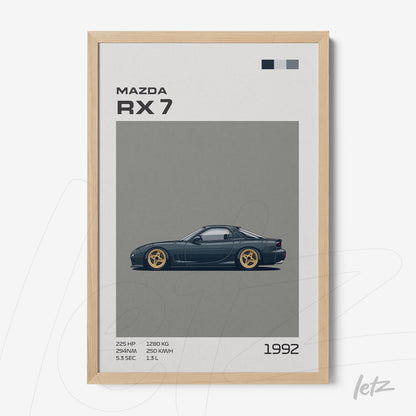 quadro com arte minimalista do carro Mazda RX-7 em moldura de madeira clara