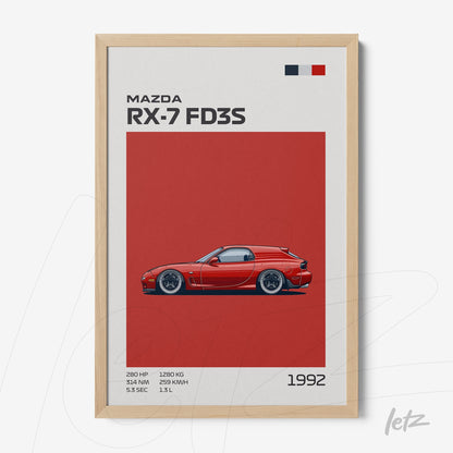 quadro com arte estilizada do carro Mazda RX-7 FD3S em moldura de madeira clara