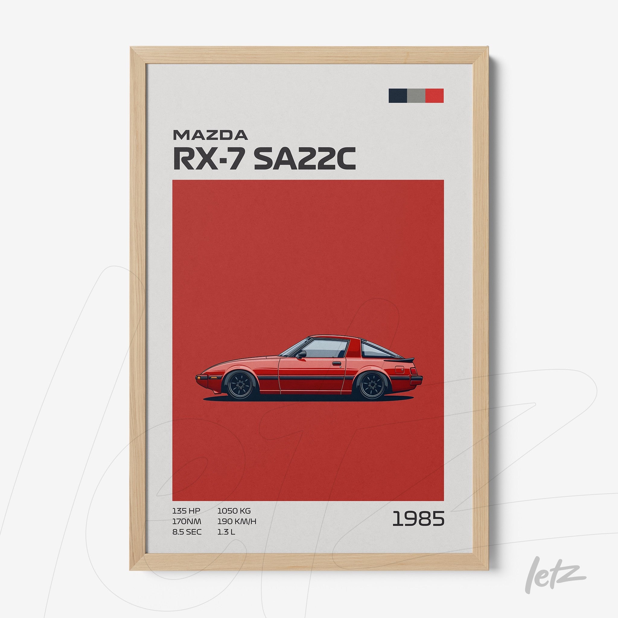 quadro com ilustração do carro Mazda RX-7 SA22C em fundo vermelho, com moldura clara e detalhes em texto