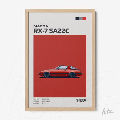 quadro com ilustração do carro Mazda RX-7 SA22C em fundo vermelho, com moldura clara e detalhes em texto