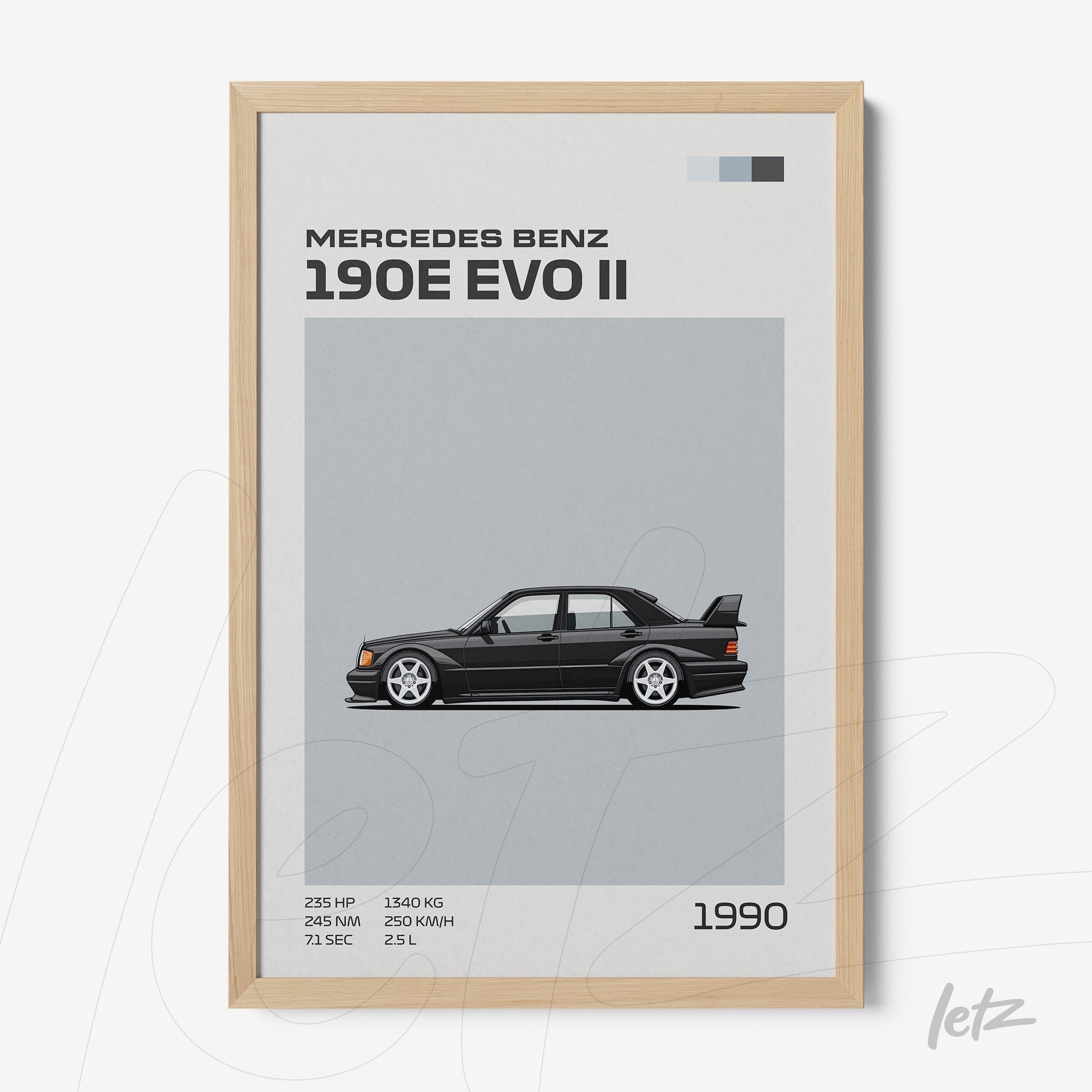 quadro com arte gráfica do carro Mercedes Benz 190E EVO II em moldura de madeira clara