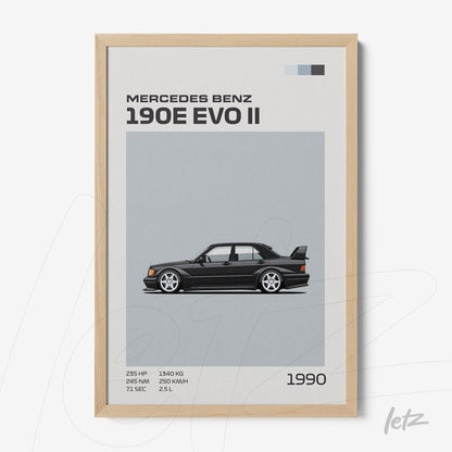 quadro com arte gráfica do carro Mercedes Benz 190E EVO II em moldura de madeira clara